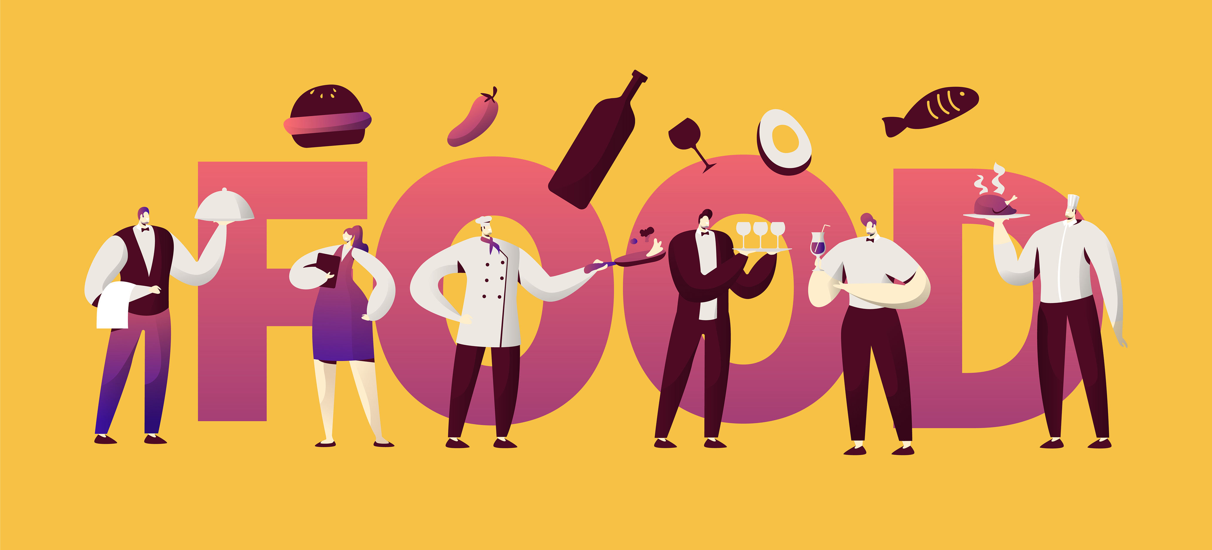 Restaurant Food Waitress Character Typography Banner. Cafe Man in Uniform Cook French Menu Cuisine. Hotel Bar Staff People Serving Design for Print Horizontal Poster Vector Flat Cartoon Illustration